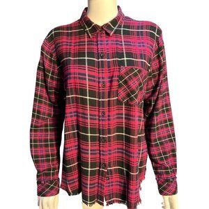 Rails Womens Plaid Button-Up Flannel Shirt Fuchsia/Black/White L Frayed Hem
